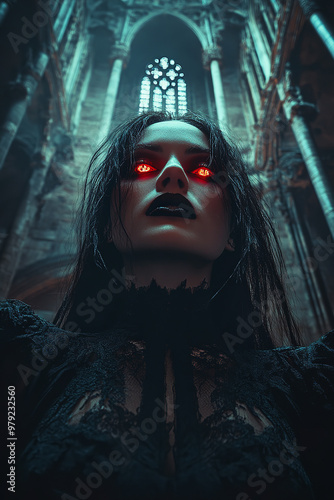 A dark vampire queen with glowing red eyes, her fangs bared, standing in a gothic castle surrounded by shadows photo