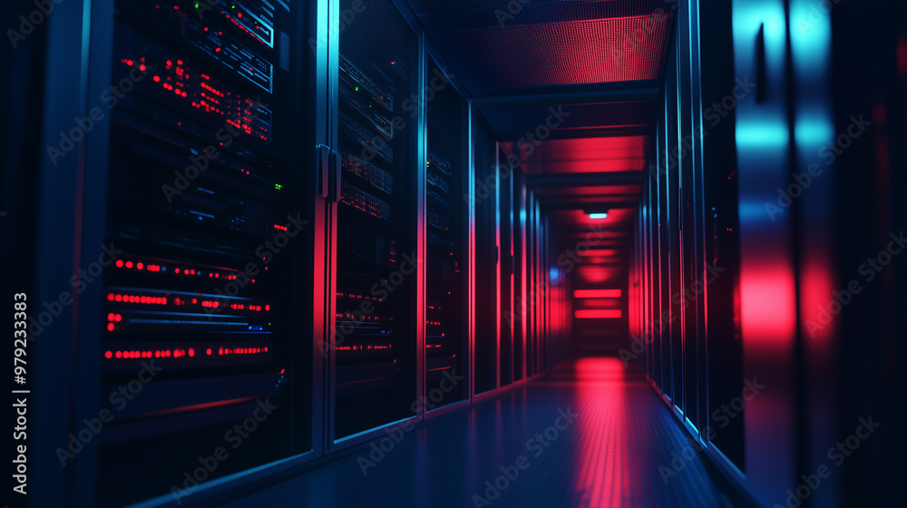 Server racks in computer network security server room data center 3D render dark blue. 3d waiter Server racks in computer network security server room data center 3D render dark blue. 3d waiter