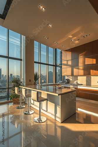 A luxury kitchen with a large island, modern bar stools, and a stunning view of the city through large windows photo