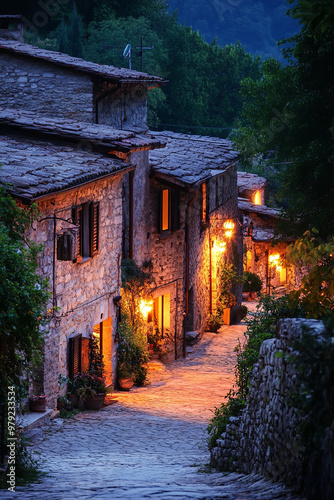 A peaceful evening in an Italian village, soft lights glowing from windows of stone houses photo