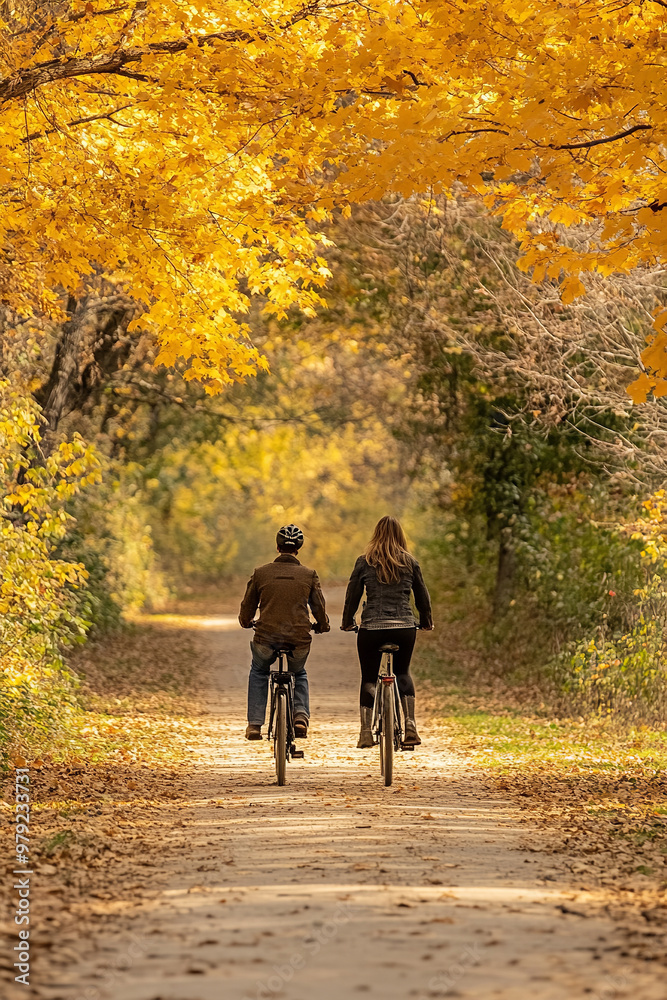 A photo of a couple enjoying a romantic bike ride along a picturesque trail adorned with vibrant fall colors A photo of a couple enjoying a romantic bike ride along a picturesque trail adorned with vibrant fall colors