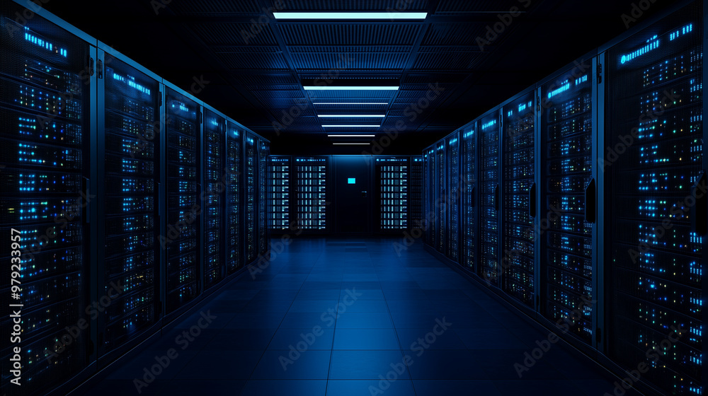 Server racks in computer network security server room data center 3D render dark blue. 3d waiter Server racks in computer network security server room data center 3D render dark blue. 3d waiter