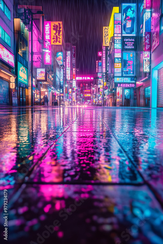 A rainy street in Tokyo, devoid of cars, reflecting vibrant neon lights from surrounding signs and buildings photo