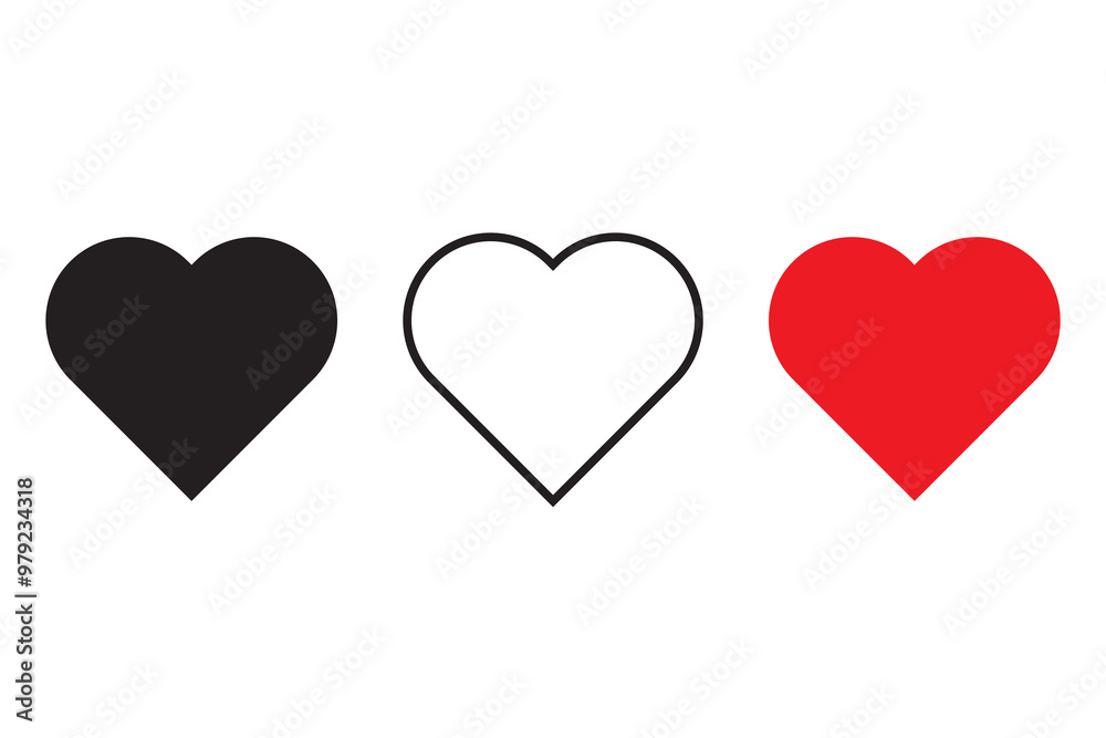 Heart icon set. Black, outlined, and red heart. Love symbols collection. Vector illustration. Heart icon set. Black, outlined, and red heart. Love symbols collection. Vector illustration.