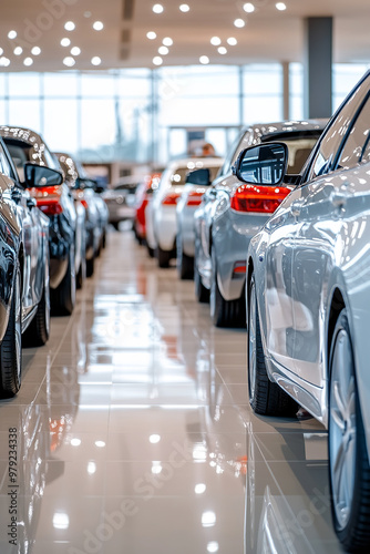 A sleek car showroom showcasing both new and used vehicles in a polished, modern environment photo