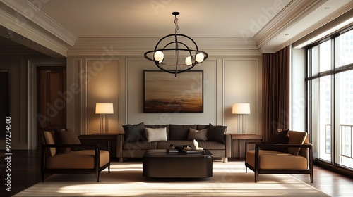 Elegant and modern living room interior with stylish furniture, warm lighting, and large windows. Cozy and inviting atmosphere.