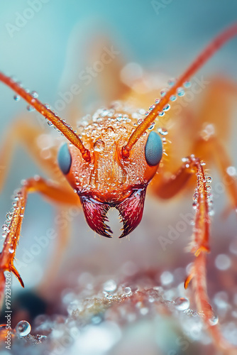 A stunning macro photo of a majestic pharaoh ant, captured in the soft morning rain. photo