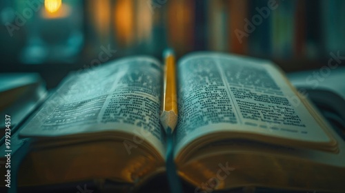 A close-up of an open book with a pencil on it.