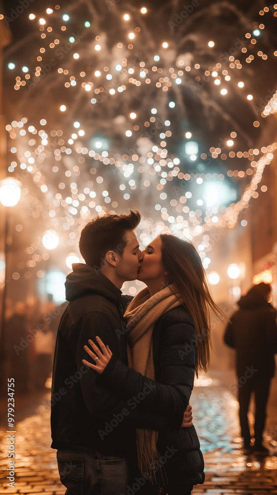 Couple embracing under fireworks on a city street at night. Couple embracing under fireworks on a city street at night.