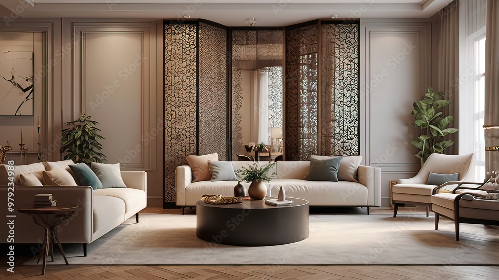 decorative openwork partition with ornament in a modern French apartment interior, bright room with white accents decorative openwork partition with ornament in a modern French apartment interior, bright room with white accents