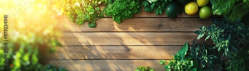 Sunlit garden table surrounded by fresh green leaves and vegetables, perfect for outdoor dining or food photography with natural light.