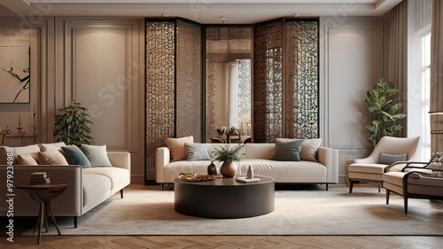 Wallpaper Mural decorative openwork partition with ornament in a modern French apartment interior, bright room with white accents Torontodigital.ca