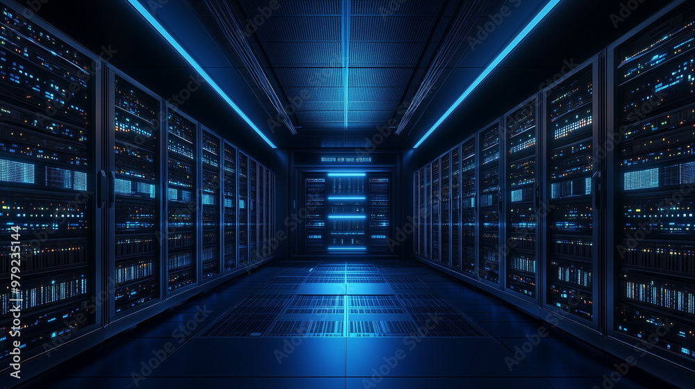 Server racks in computer network security server room data center 3D render dark blue. 3d waiter Server racks in computer network security server room data center 3D render dark blue. 3d waiter