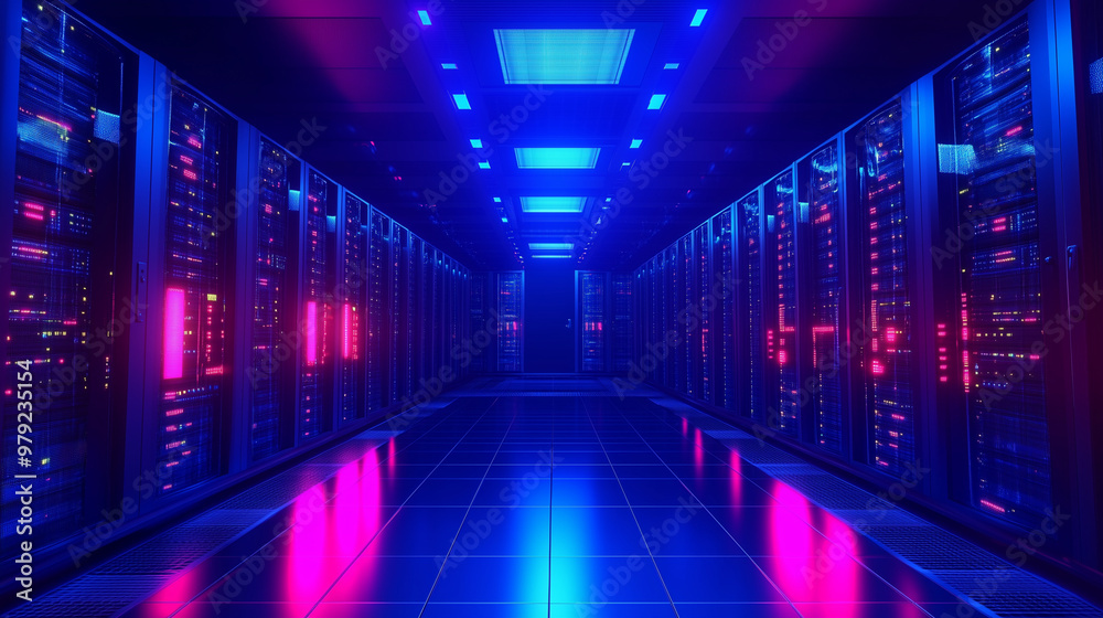 Server racks in computer network security server room data center 3D render dark blue. 3d waiter Server racks in computer network security server room data center 3D render dark blue. 3d waiter