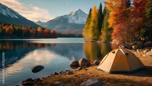 Cozy camping tent on a lake shore, snowy mountain peaks in the background photo