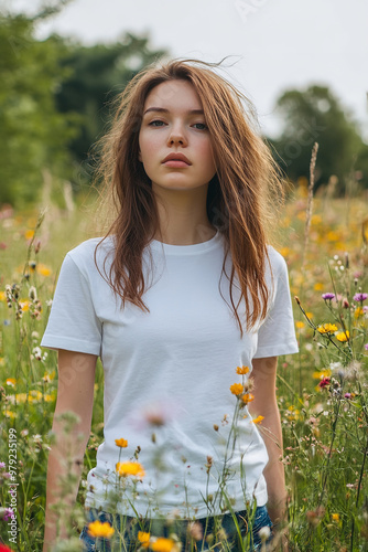 A young female wearing a white tee shirt mockup stands outdoors in a vibrant meadow of wildflowers photo