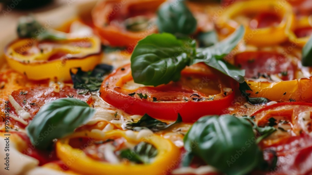 Close-up of a vegetarian pizza with colorful vegetables and a golden crust Close-up of a vegetarian pizza with colorful vegetables and a golden crust