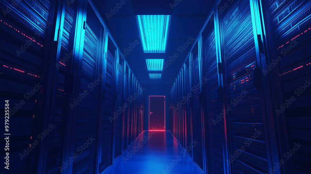 Server racks in computer network security server room data center 3D render dark blue. 3d waiter Server racks in computer network security server room data center 3D render dark blue. 3d waiter