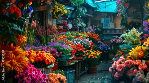 A colorful flower market filled with various blooms and greenery.