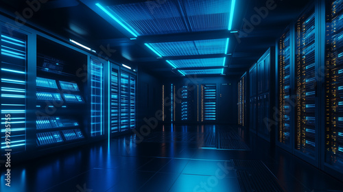 Server racks in computer network security server room data center 3D render dark blue. 3d waiter