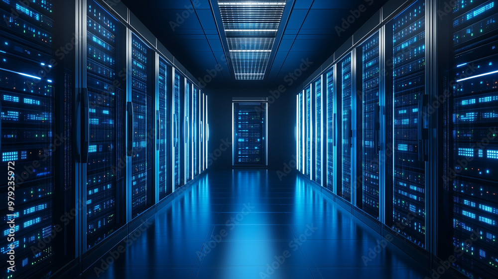 Server racks in computer network security server room data center 3D render dark blue. 3d waiter Server racks in computer network security server room data center 3D render dark blue. 3d waiter