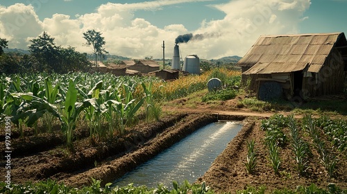 A rural farming community using a water-powered system to irrigate fields and generate electricity photo