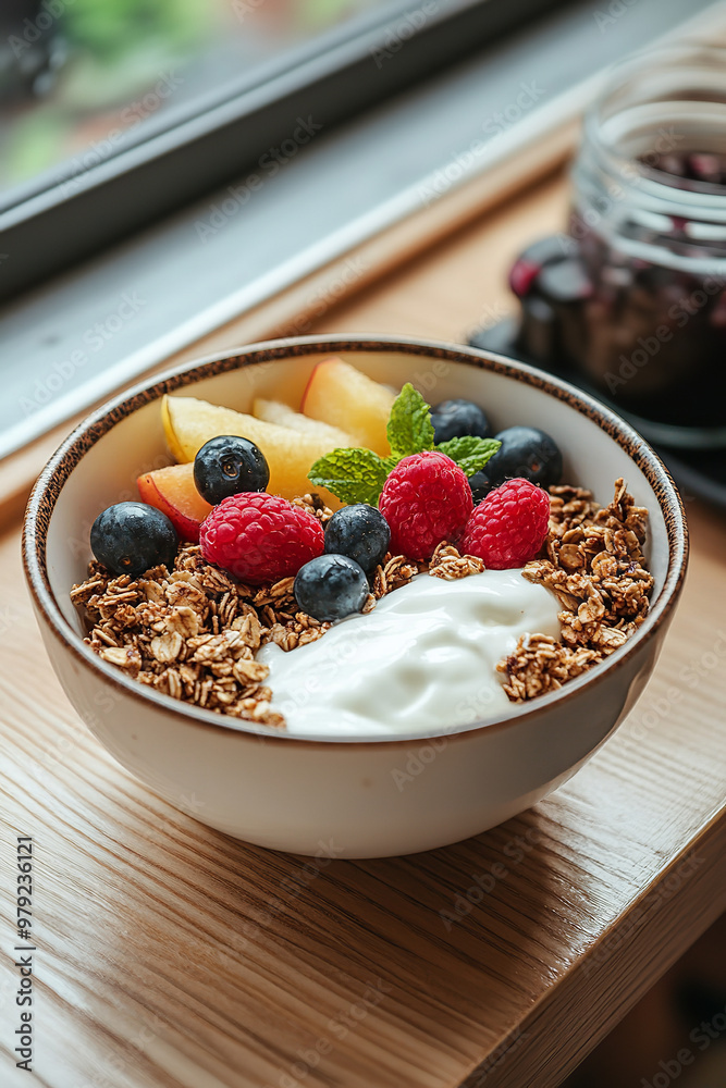 Bowl of granola with yogurt and fruits, leaving space for breakfast menu text