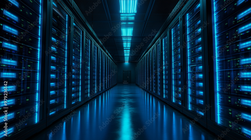 Server racks in computer network security server room data center 3D render dark blue. 3d waiter Server racks in computer network security server room data center 3D render dark blue. 3d waiter