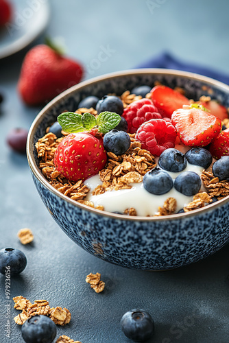 Bowl of granola with yogurt and fruits, leaving space for breakfast menu text photo