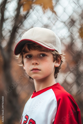 Boy in Red and White Baseball Jersey Tilt Shift Lens Photography photo