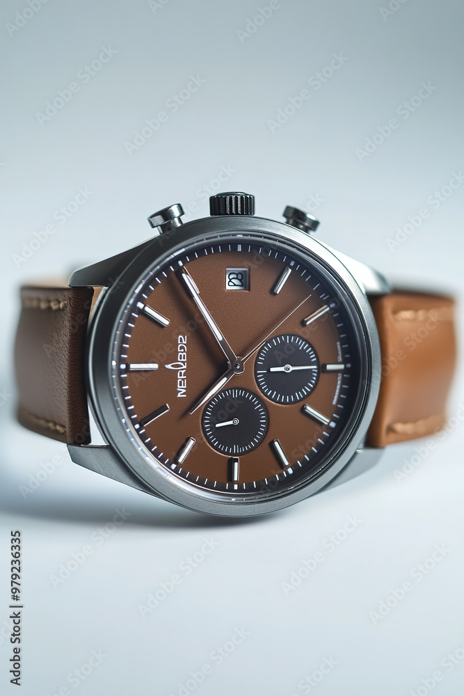 Brown leather watch for men isolated on soft gray background. Brown leather watch for men isolated on soft gray background.