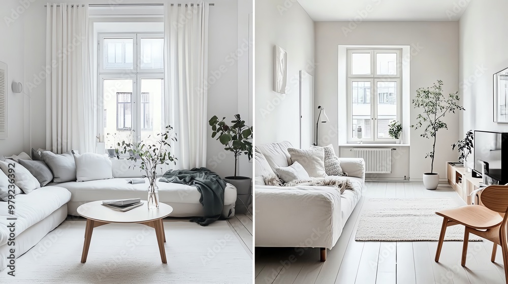 Bright and cozy Scandinavian living room design with white furniture, plants, and natural light streaming through large windows. Bright and cozy Scandinavian living room design with white furniture, plants, and natural light streaming through large windows.