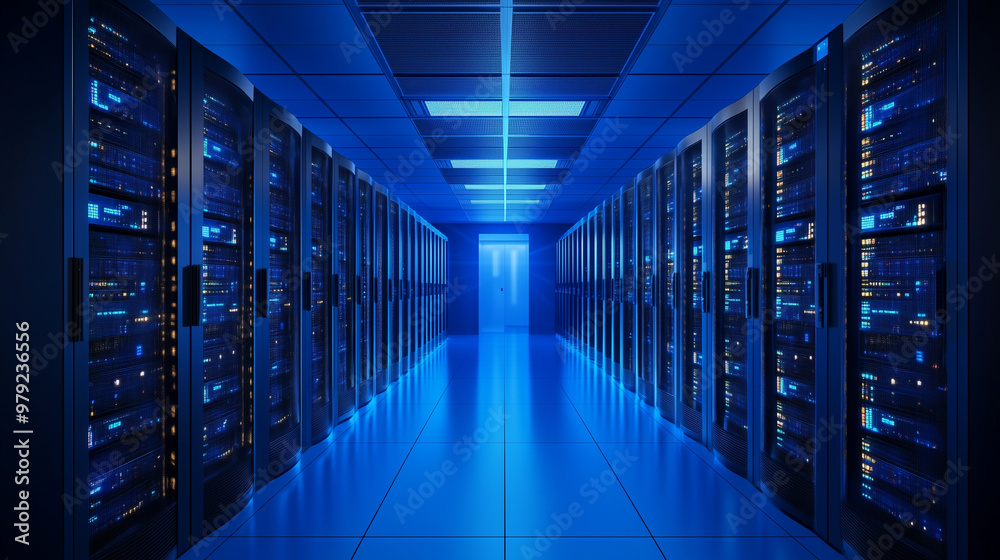 Fototapeta premium Server racks in computer network security server room data center 3D render dark blue. 3d waiter