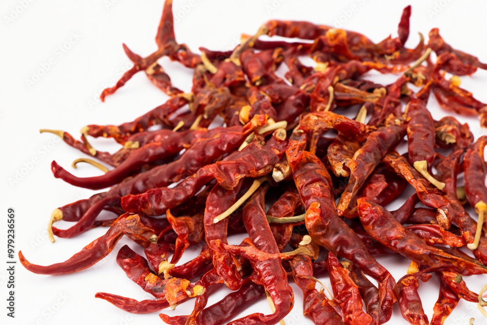 Fototapeta premium Dried peppers on white with a smoky tan color. Garlic above organic concept. Red and red peppers with a green and dried tomatoes in a jar. A white with dried peppers, red peppers, and onions red.