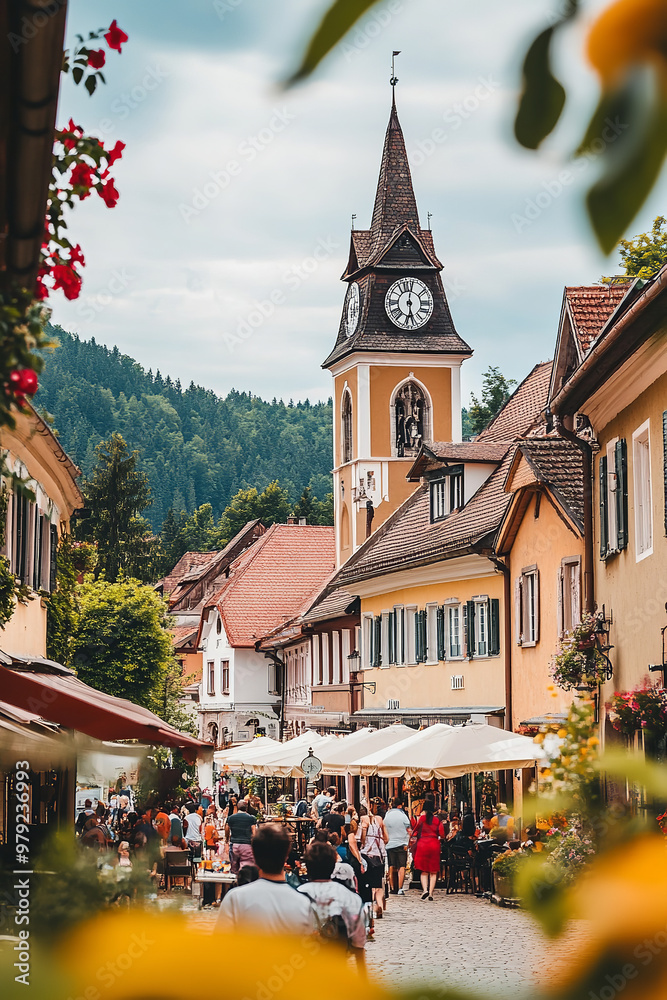 Obraz premium Charming village square with historic buildings, a classic clock tower, and bustling local activity