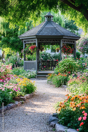 Charming village garden with a classic gazebo, flower beds, and serene surroundings photo