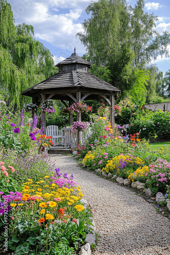 Charming village garden with a classic gazebo, flower beds, and serene surroundings photo