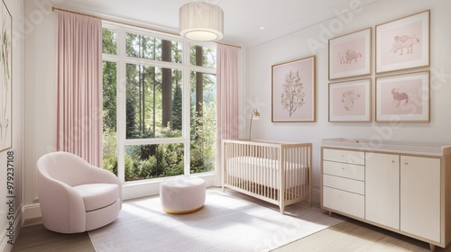 Wallpaper Mural This delightful nursery captures a cozy atmosphere with a vintage crib, soft pastel tones, elegant lamps, and playful decor, perfect for a baby girl’s restful retreat Torontodigital.ca