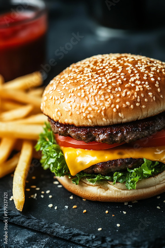 Classic cheeseburger with fries, room for text on a dark slate background photo