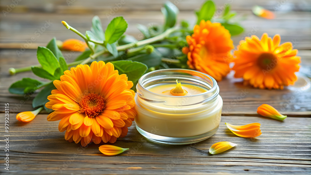 Calendula ointment in a small jar for skincare and healing, calendula, marigold, salve, lotion, herbal, natural, medicine