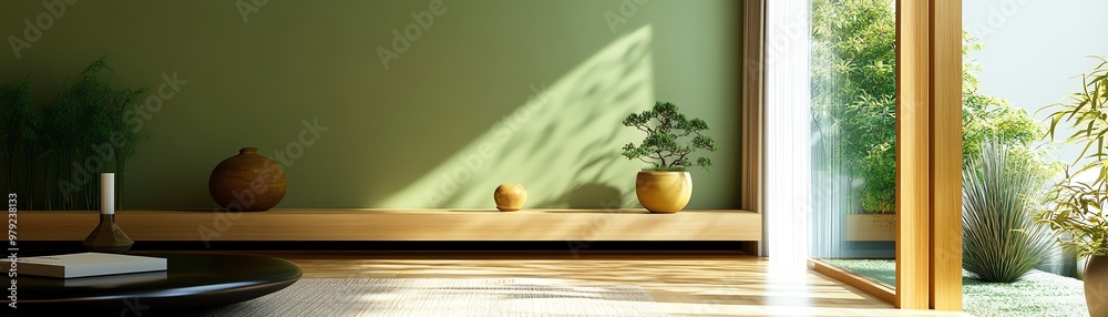 Bright minimalist living room with green walls, wooden floor, and natural light. Modern interior design with plants and decorative items. Bright minimalist living room with green walls, wooden floor, and natural light. Modern interior design with plants and decorative items.