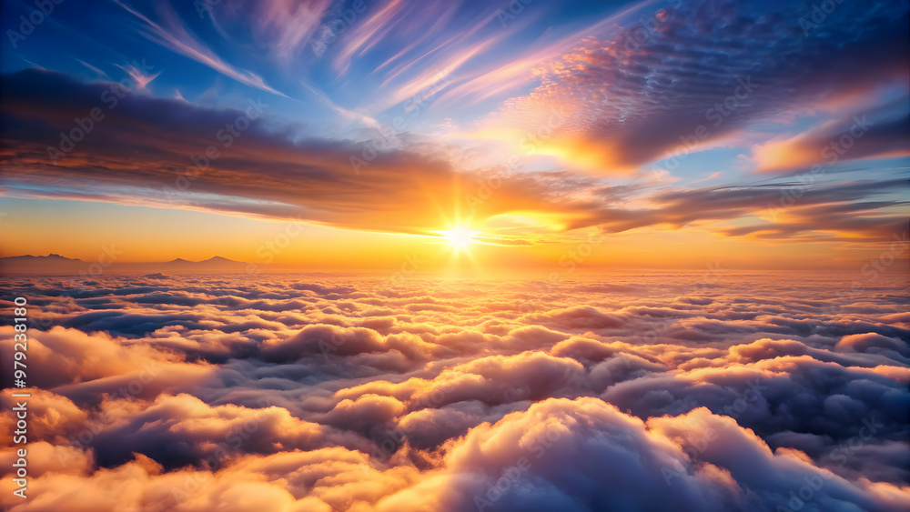 Romantic sunset sky over an endless sea of fluffy clouds, Romantic, sunset, sky, beautiful, clouds, orange, pink, blue Romantic sunset sky over an endless sea of fluffy clouds, Romantic, sunset, sky, beautiful, clouds, orange, pink, blue