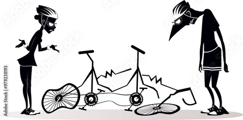 Two cyclist. Broken tandem bike. 
Man and woman stand near a broken tandem bicycle. Black and white illustration
