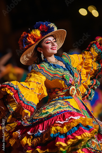 Colombian traditional dance troupe performing in vibrant, colorful costumes photo