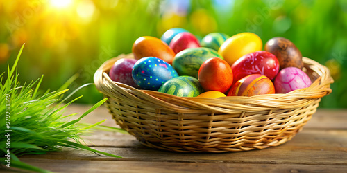 Vibrant and colorful Easter eggs in a basket , Easter, holiday, celebration, colorful, vibrant, spring, traditional, eggs