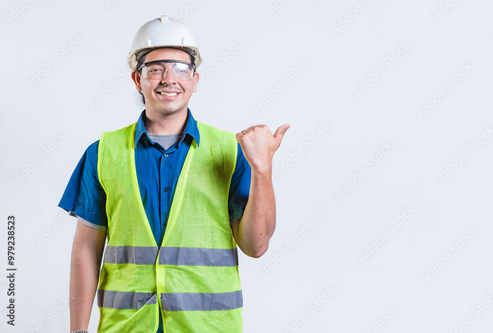 Portrait of engineer man pointing to side isolated. Smiling engineer man pointing side isolated Portrait of engineer man pointing to side isolated. Smiling engineer man pointing side isolated