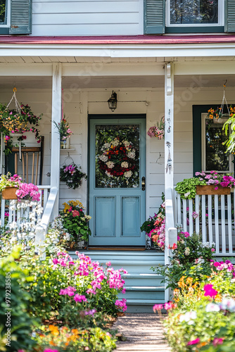 Cozy village home with seasonal decorations, a front porch, and blooming garden photo