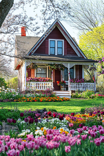 Cozy village home with seasonal decorations, a front porch, and blooming garden photo