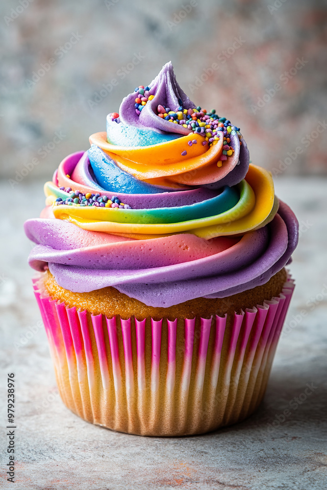 Cupcake with colorful frosting, with room for text promoting dessert specials