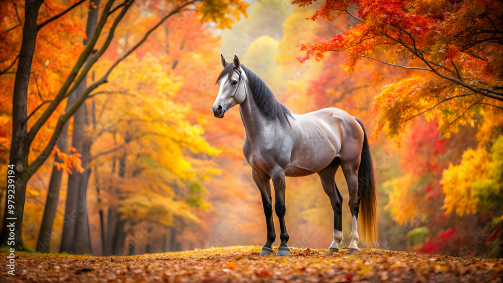 Naklejka premium Majestic horse standing amidst colorful autumn leaves , horse, autumn, leaves, trees, nature, animal, equine, majestic